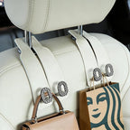Car Headrest Hooks Universal Car Purse Hook Premium Leather and Alloy Twin Hook Car Seat Back Storage Hanger Hook for Purse Bags Cloth Drink Durable Holder Car Accessories (BH09-White-Black-4 Pcs)