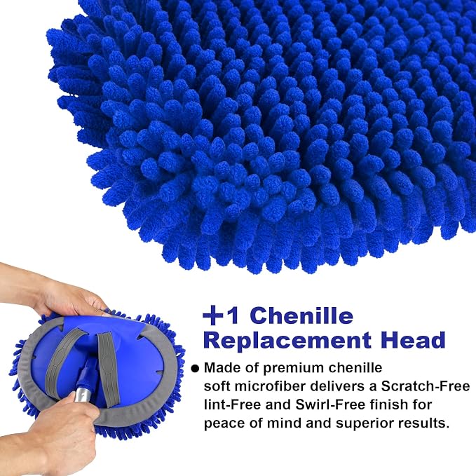 62" Microfiber Car Wash Brush with Long Handle Car Washing Mop Kit Mitt Sponge Car Cleaning Supplies Kit Duster RV Washing Car Brush Accessories, 1 Chenille Scratch-Free Replacement Head