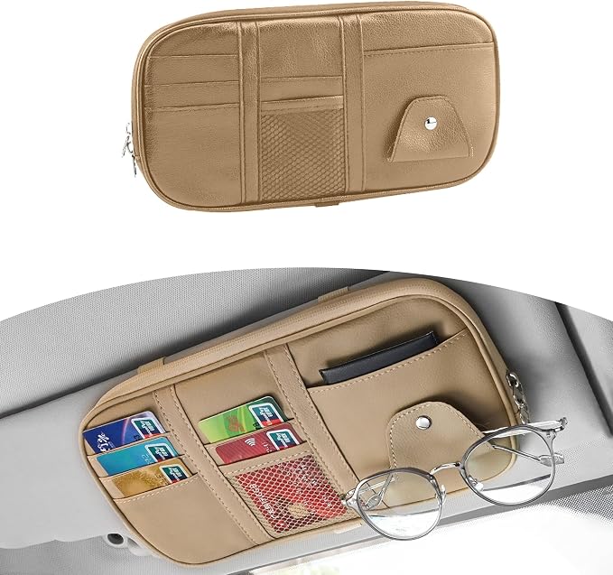 Car Sun Visor Organizer, Sunglass Holder and Storage Pocket, Card Cash Pouch with Multi-Pocket Net Zipper, Case Bag for License Pen Key, Auto Accessories for Truck, SUV, Van (Beige)