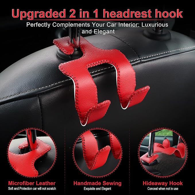 Upgraded Superior Leather Car Seat Back Headrest Hook, 2 in 1 Auto Seat Hook Hangers Holder Organization Interior Accessories for Purses Coats Umbrellas Grocery Bags Handbag (Red)