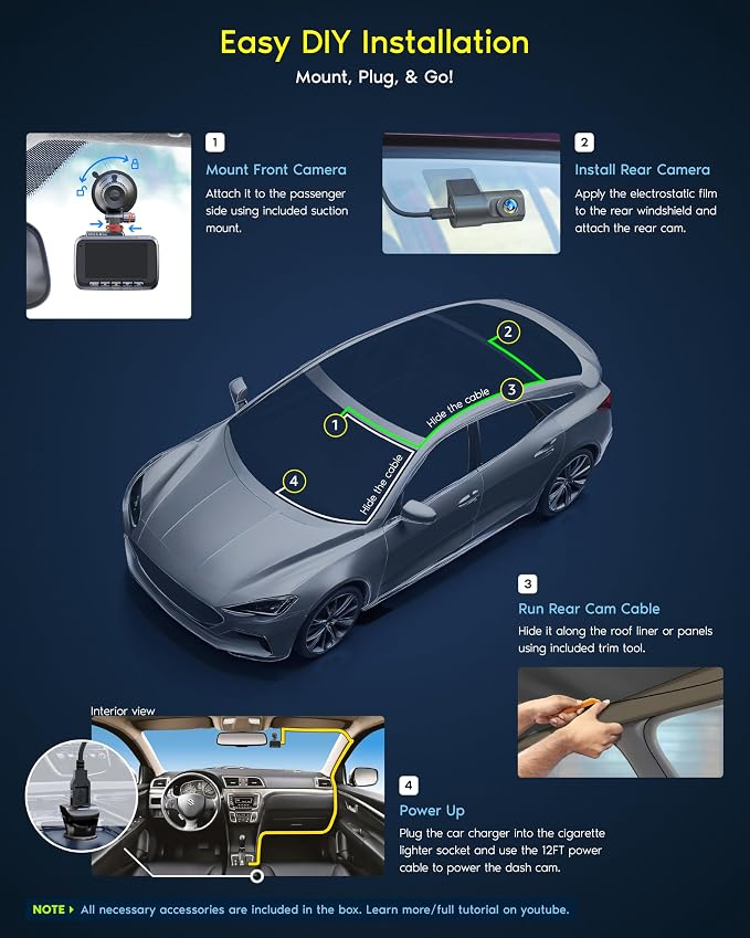 R2-4K DUAL Dash Cam Front and Rear, STARVIS 2 Sensor, FREE 128GB Card Included, 5G WiFi - up to 20MB/s Fastest Download Speed with App, 4K 2160P/FHD Dash Camera for Cars, 3" IPS, 24H Parking Mode