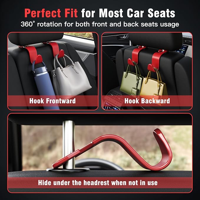 Car Seat Headrest Hook 4 Pack Hanger Storage Organizer Universal for Handbag Purse Coat Universal fit Vehicle Car S Type Red