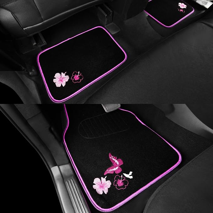 Universal Cloth Butterfly Car Seat Covers Full Set, Embroidered Flower Waterproof Car Floor Mats Carpet, Butterflies Steering Wheel Cover for Car Accessories Interior Sets (Black and Pink)