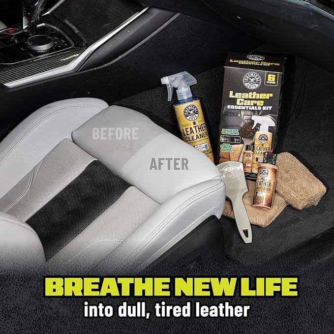 Leather Care Kit, Cleaner and Conditioner for Car Seats | Complete 6-piece leather cleaning and conditioning kit for car seats, furniture, shoes and bags; genuine or vegan leather
