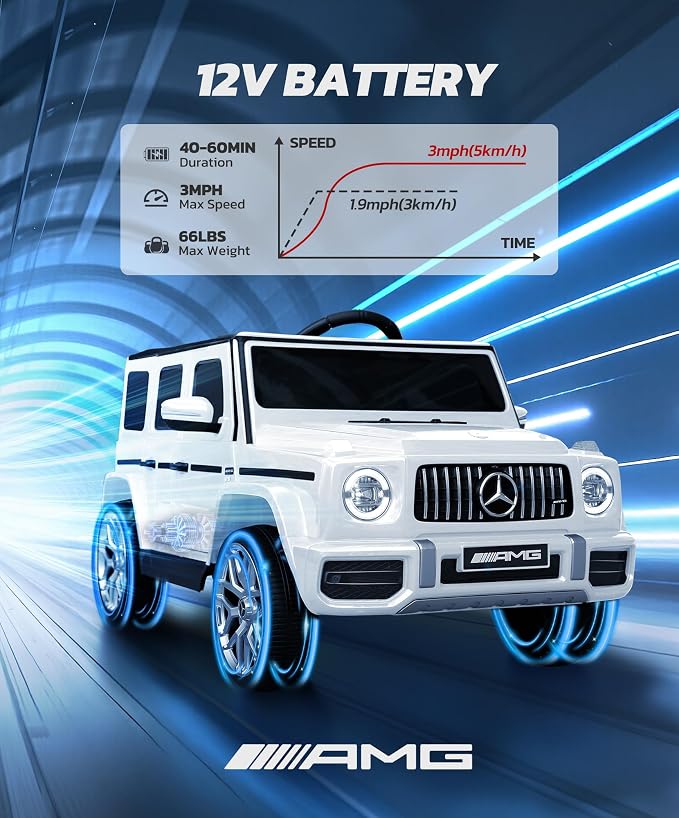 Licensed Mercedes-Benz AMG G63 Ride on Toys,Electric Car for Kids W/Parents Control,Electric Powered G Wagon Ride On Truck Toy,Low Battery Prompt,Bluetooth,Flickering Lights/LED Lights, White