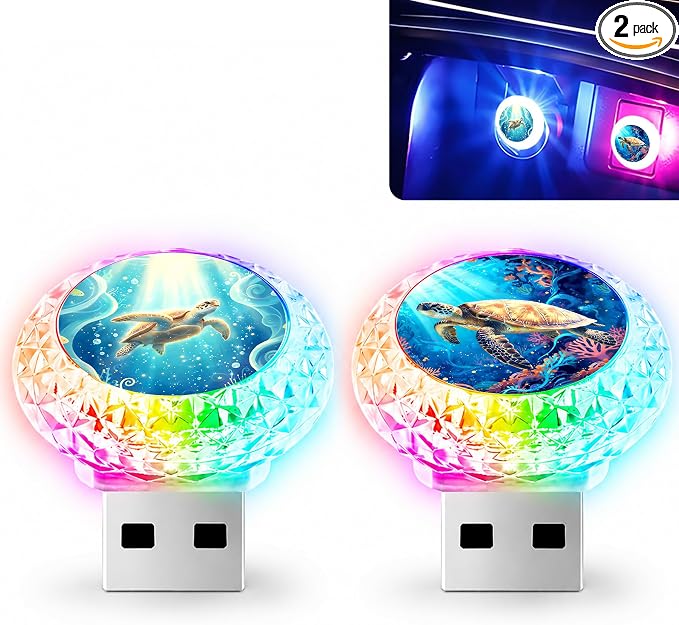 2 Pcs Sea Turtle USB LED Car Interior Atmosphere Lamp, Portable Multi-Color Mini LED Night Light Auto Ambient Lighting, Universal Vehicle Interior Decor Car Accessories Sea Turtle Gifts for Women Men