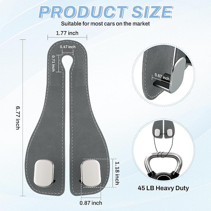 2PCS Car Purse Holder Hook, Seat Back Storage Hook, Leather-Wrapped Alloy Double Headrest Hook for Purses & Bags, Cute Car Interior Accessories for Women and Men, Gray