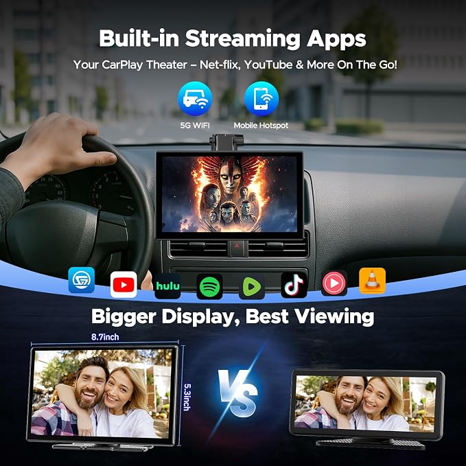 9'' Carplay Screen with Net-Flix YouTube and 1080P Backup Camera Upgraded Android Auto Screen Portable AI Magic Video Box Built-in Apps Voice Control Car GPS for iOS 10+ Android 11+