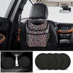 Leopard Car Trash Can with Lid & Coasters | 2 Gallon Leak-Proof Hanging Garbage Bin for Back Seat | Waterproof Storage Organizer & Cooler Bag for Road Trips, SUVs & Family Travel