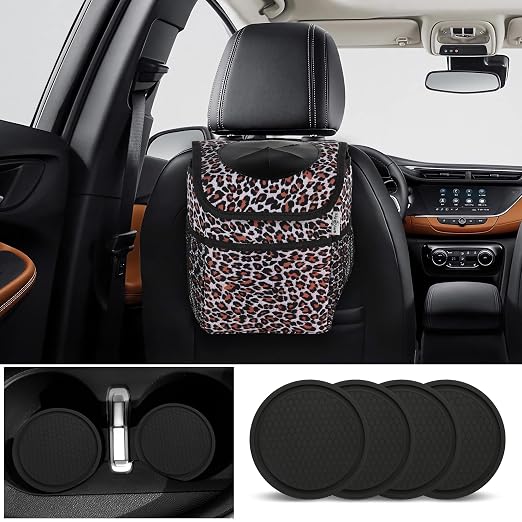 Leopard Car Trash Can with Lid & Coasters | 2 Gallon Leak-Proof Hanging Garbage Bin for Back Seat | Waterproof Storage Organizer & Cooler Bag for Road Trips, SUVs & Family Travel