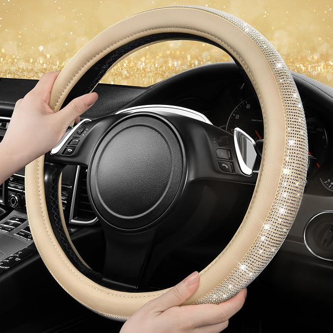 Bling Diamond Beige Leather Steering Wheel Cover, White Sparkly Crystal Glitter Rhinestones Universal Fit 14" 1/2-15" Car Wheel Protector for Women Girl Fit Suvs,Vans,Sedans,Trucks, Beige
