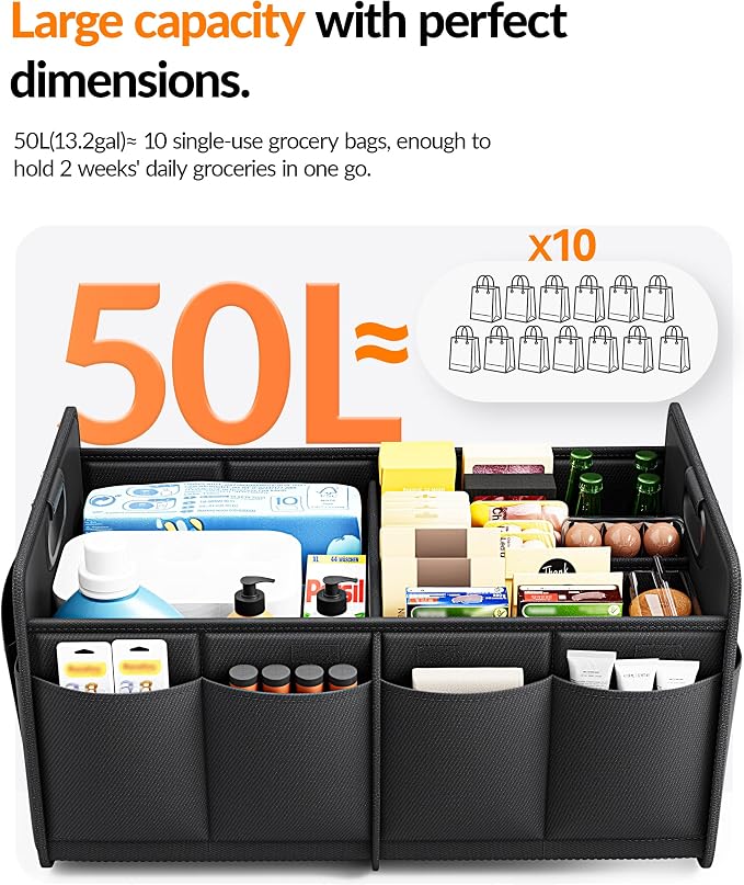 Car Trunk Organizer for SUV, Small Compact Size No-Sag Heavy Duty, 7 Pockets Foldable Waterproof Anti-Slip Storage, Fit Sedan, Truck, Front Seat, Universal Car Accessories, Black, 2 Compart