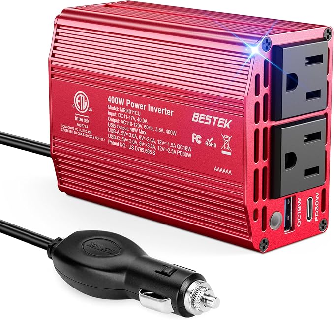 400W Car Power Inverter for Vehicles – DC 12v to AC 110v Car Plug Adapter Outlet with PD 30W USB-C &USB-A 3.0 Fast Charging, Car Charger Cigarette Lighter Adapter for Laptop, Road Trip, Camping