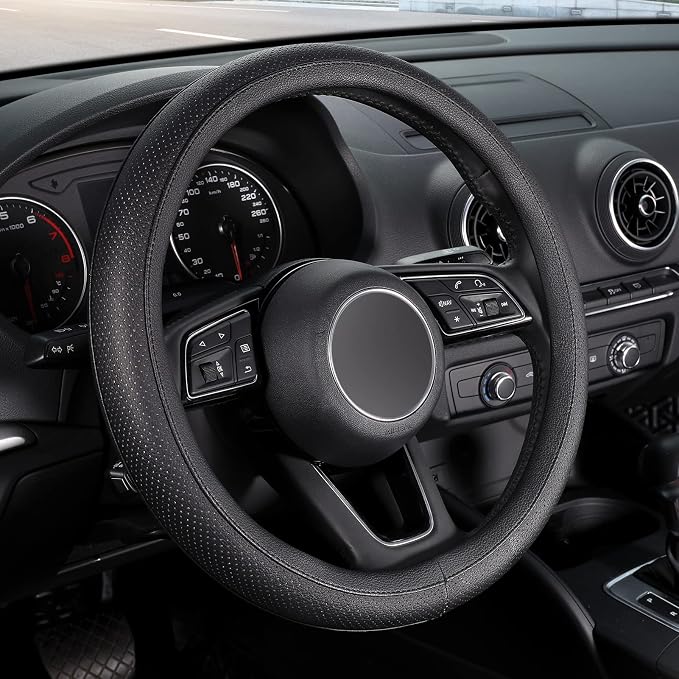 Black Car Steering Wheel Cover Small Size 14-14.25 inch (35.5-36 cm), for Prius Civic Model 3 Model Y Camaro, Breathable Microfiber Leather