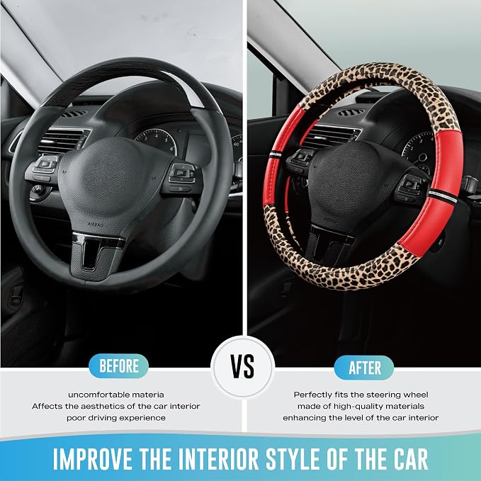 Leopard Steering Wheel Cover for Women, Cute Anti-Slip Microfiber Leather, Universal Fit 14.5-15 Inch Round Steering Wheel - Red