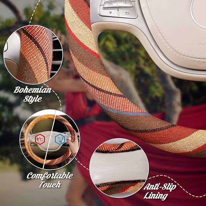 Boho Steering Wheel Cover with Baja Blanket Cloth, Ethnic Style Auto Wheel Cover Made of Coarse Flax, Fits 14 1/2-15 1/4 inches Car Wheel
