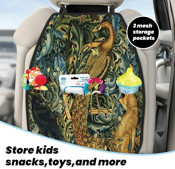 William Morris Forest Animals Raven Fox Peacock Blue Green Floral Car Seat Back Kick Protectors Kick Mats With Storage Pockets For Vehicles To Protect From Dirt Mud Scratches 2 Pack