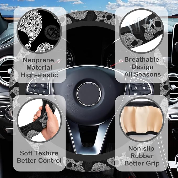 Floral Skull Steering Wheel Cover with 2 Pcs Car Coasters Neoprene Steering Wheel Cover for Women Men Anti-Slip Breathable Car Accessories Universal 15 Inch Fit Auto Cars Trucks