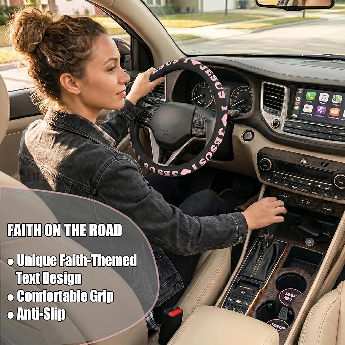 Christian I Love Jesus Pink Steering Wheel Cover for Women & Girls with 2 Pack Car Coasters, Pink Car Accessories, Christian Gifts for Women, Universal 15" Fit for Cars, SUVs, Trucks