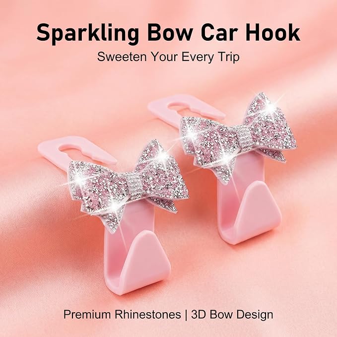 2 PCS Bling Car Seat Headrest Hooks, Crystal Rhinestone Bow Car Purse Hooks, Vehicle Seat Back Storage Hook for Handbag Purse Coat Grocery, Universal for SUV Truck Sedan (Pink)