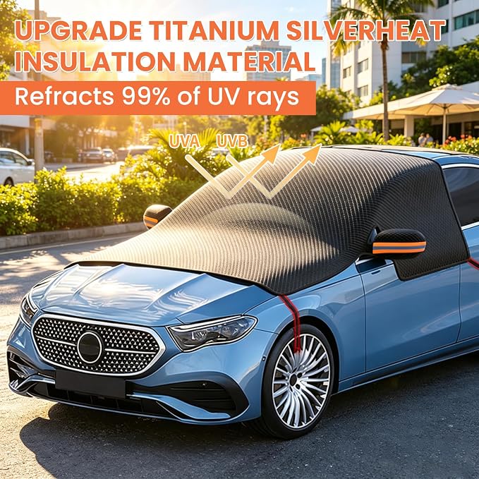 All Weather Windshield Cover with Magnetic Edges, 4-Layer Thick Waterproof Sunshade Snow Cover for Most Vehicles