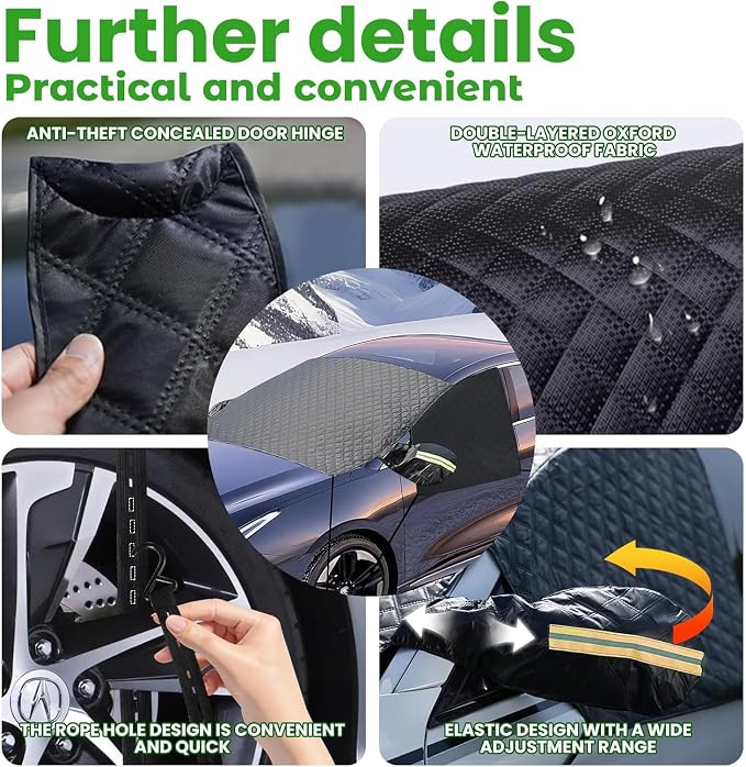 Windshield Cover for Ice and Snow - Universal Windshield Cover Fit for Car, SUV, Truck, 600D Oxford Fabric Winter Frost Protector for Ice & Sleet, Includes 2 Side Mirror Covers, XL Black