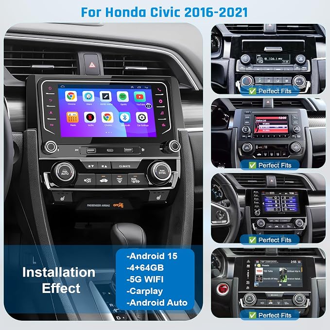 5G WiFi Upgrade Android 15 Car Radio for Honda Civic 2016 2017 2018 2019 2020 2021, 7 Inch IPS Touch Screen with Wireless CarPlay Android Auto, GPS/Bluetooth/FM/SWC/Type C/Backup Camera, 4+64G