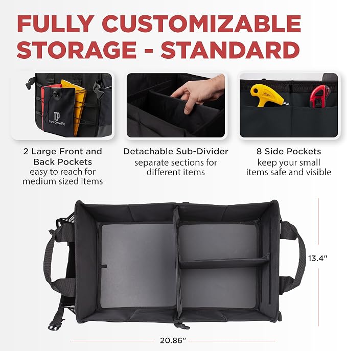 Car Organizers and Storage Premium Adjustable Multi Compartments Car Storage Organizer | Portable and Foldable SUV Trunk Organizer for Car (Standard Size, 20.86"L x 13.4"W x 10"H )-Black