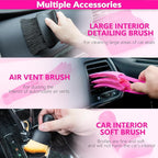 Car Cleaning Kit, Car Corded Vacuum Detailing Kit Interior with High Power Handheld Vacuum, Including 7Pcs Detailing Brush Set, Windshield Cleaner, Pink Car Accessories for Women