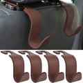 Car Seat Headrest Hook 4 Pack Metal Core Hanger Universal Car Storage Organizer for Handbag Purse Coat S Type Leather Brown