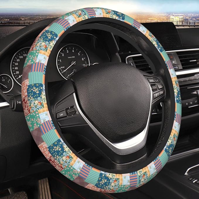 Boho Patch Elastic Steering Wheel Cover Non-Slip Breathable Steering Wheel Protector Fit Auto, SUVs, Truck