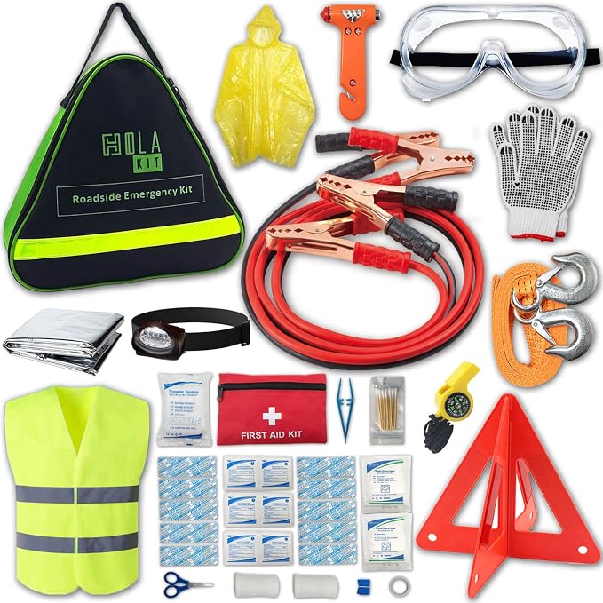 Auto Emergency Kit, 55-Piece Car Emergency Roadside Kit with Jumper Cables, First Aid Kit, Safety Hammer, Goggles, Tow Ropes and More Ideal Car Essential Accessories for Women and Men