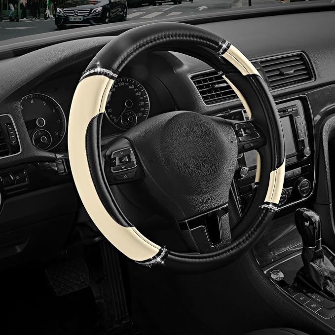 Leather Steering Wheel Cover - Made with PVC Leather - Anti-Slip, Universal Fit 14 1/2 inches to 15 inches - Milky White