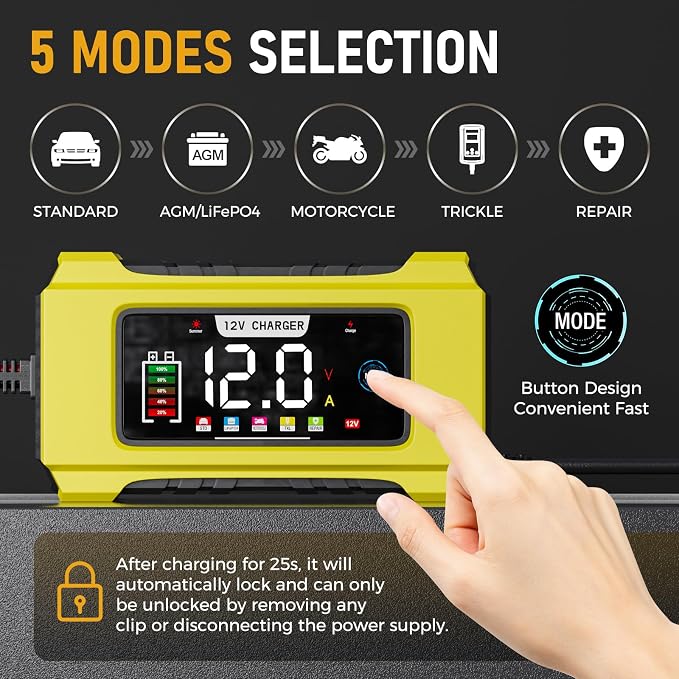 Automatic Car Battery Charger–12V 0-6A Adjustable Smart Trickle Charger with Battery Repair,Automatic Desulfation,Temperature Compensation Functions,Suitable for AGM,Gel,Deep Cycle,Lead-Acid Batteries