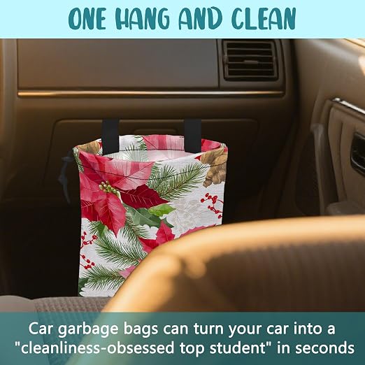 Car Garbage Bag Red Poinsettia Xmas Green Leaves Drawstring Car Trash Bag Hanging for Back Seat with Adjustable Buckle Canvas Vehicle Trash Can Easy-to-Install