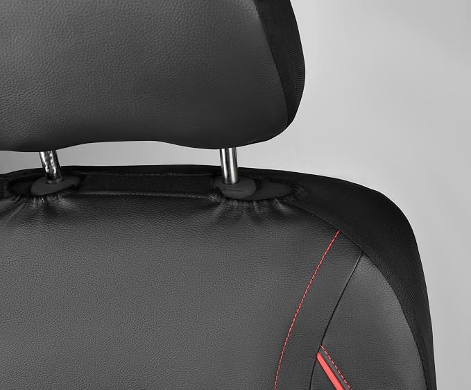 Universal FIT Piping Leather Two Front Seat Covers, Waterproof Faux Leather for SUV Sedan Van Truck, Airbag Compatible,Reserved Opening Holes for Headrest Covers. (Black red)