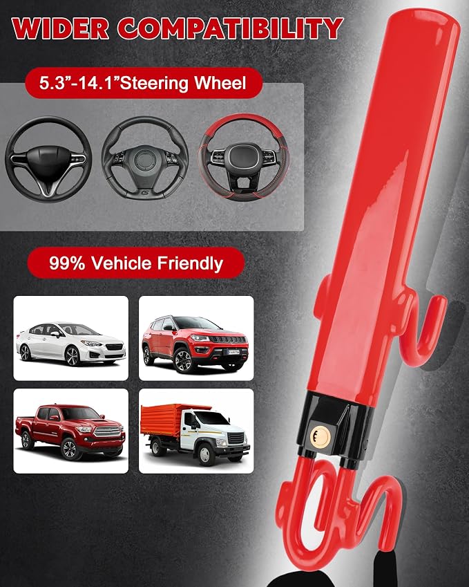 Steering Wheel Lock Anti-Theft Car Device Heavy Duty Security Car Lock Antitheft Locking Devices Great Deterrent Adjustable Car Wheel Lock Anti Theft for Vehicle Truck SUV with 3 Keys (Red)
