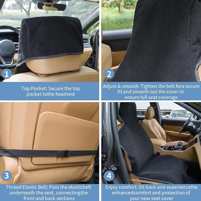 Car Seat Cover Towels Front Seats, Waterproof Sweat Car Seat Towel Protector After Gym Post Workout Athletic, SUV Truck Seat Towel Cover for Running Swimming Beach and Hiking (Black 2Pcs)