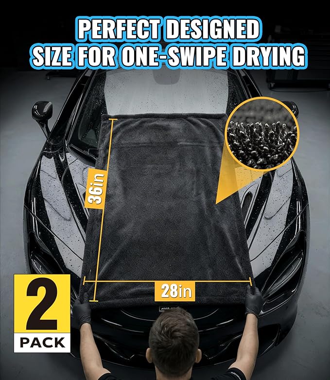 2-Pack Car Drying Towels, Large 36 x 28 Inch, 1300 GSM, Dual-Gray | Twisted Loop Microfiber Towel for Cars - Absorbent Car Dry Towel and Car Wash Towel for Streak-Free, Paint-Safe Car Detailing