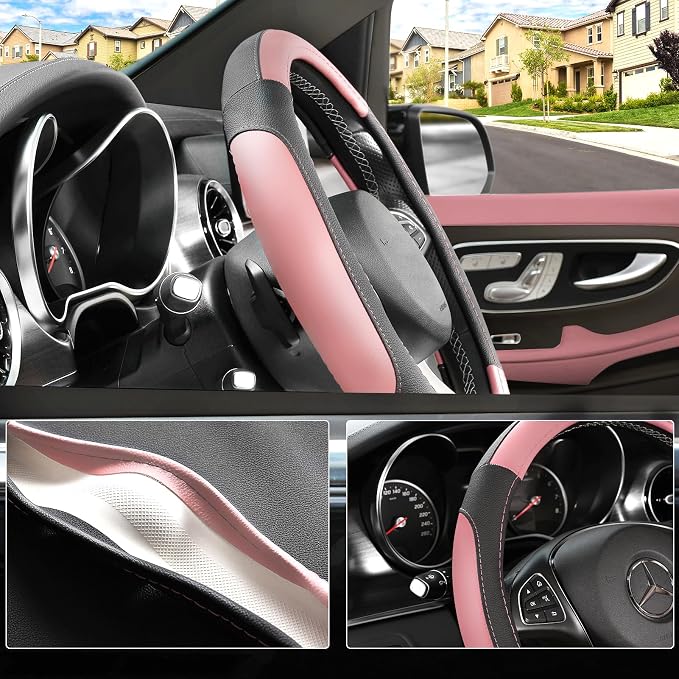 Steering Wheel Cover for Car, Standard Size 14.5-15 inch, Auto Interior Accessories, Black and Pink