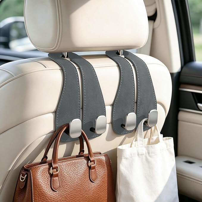 2PCS Car Purse Holder Hook, Seat Back Storage Hook, Leather-Wrapped Alloy Double Headrest Hook for Purses & Bags, Cute Car Interior Accessories for Women and Men, Gray