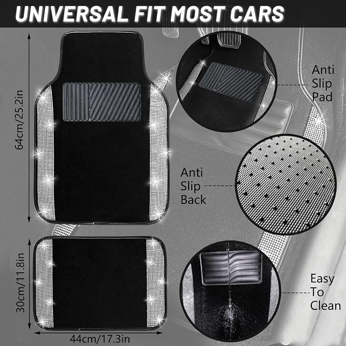 12 Pcs Bling Car Accessories Set for Women Car Floor Mats Full Set Steering Wheel Cover Seat Belt Covers Coasters Universal Fit Car SUV Truck Van Silver