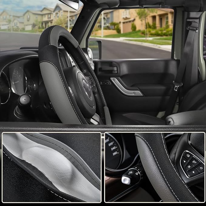 Car Steering Wheel Cover for F-150 Tundra Range Rover 15.5-16 inch, Black and Gray Microfiber Leather