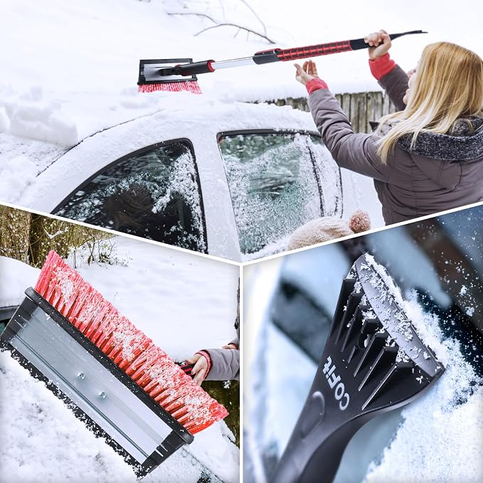 Car Snow Brush with Ice Scraper and Squeegee 3 in 1, 39" Extendable Cleaning Kit Long Handle, Windshield Snow Removal Tool Scratch Free for SUV Truck RV Window Roof Exterior Wash Supplies, Red