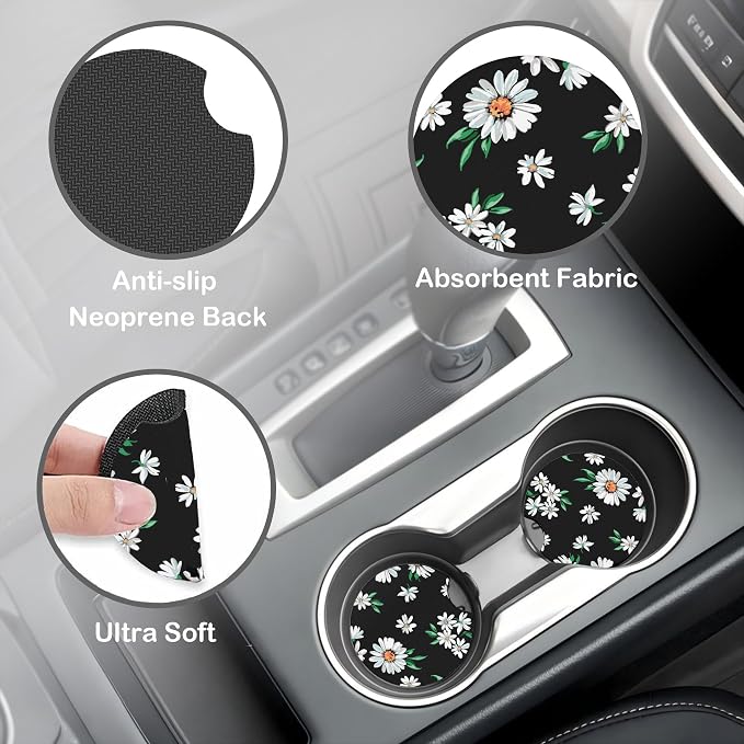 Cute Daisy Steering Wheel Cover for Women, Anti-Slip Car Steering Wheel Cover with 2 Pcs Cup Holders Neoprene Breathable Car Accessories Universal 15 Inch Auto Interior Decor