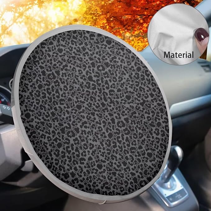 Black Leopard Print Car Steering Wheel Sun Shade Cover for Summer 17 Inch Universal Steering Wheel Sunshade Sun Shield for Sedan Truck SUV Van Automotive Interior Accessories