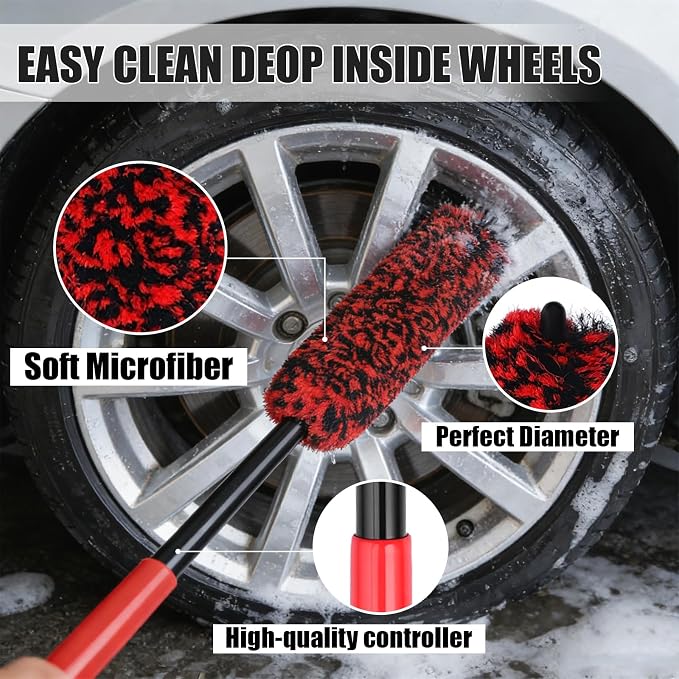 4PCS Long Handle Wheel Brush Kit,Bendable and Durable Wheel Rim Cleaner Brush Set Red