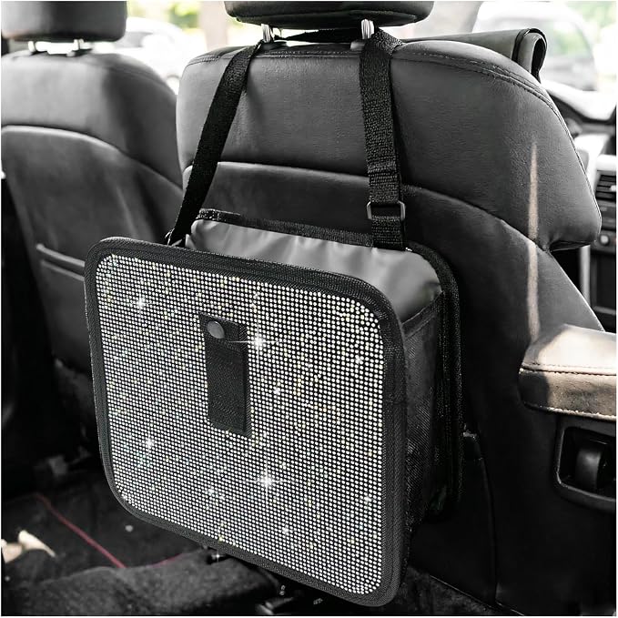 Bling Car Trash Can with Rhinestone, Sparkling Foldable Auto Garbage Container Hanging Back Seat Organizer, Crystal Dustbin Leakproof Garbage Can for Vehicle Home Office (Colorful)