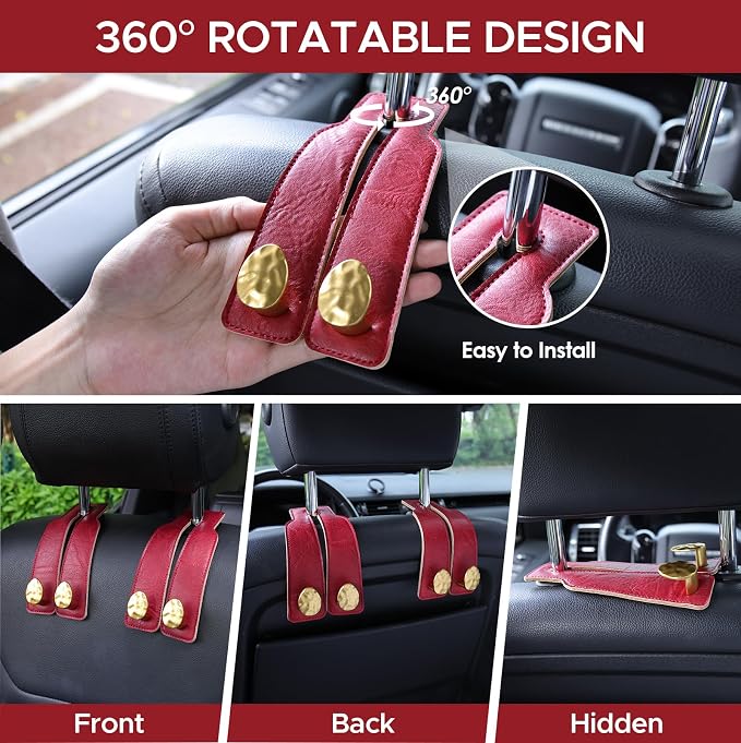 2PCS Leather Car Seat Hooks for Headrest, Vehicle Hanger Storage Organizer Universal for Handbag Purse, Car Accessories Gift (Red-Gold)