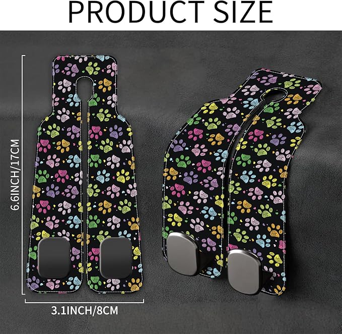 Car Headrest Purse Hanger Colorful Paw Prints 1 Pack Bag Purse Holder for Car Premium Leather Double Metal Hook for Handbags, Grocery Bags and Phones